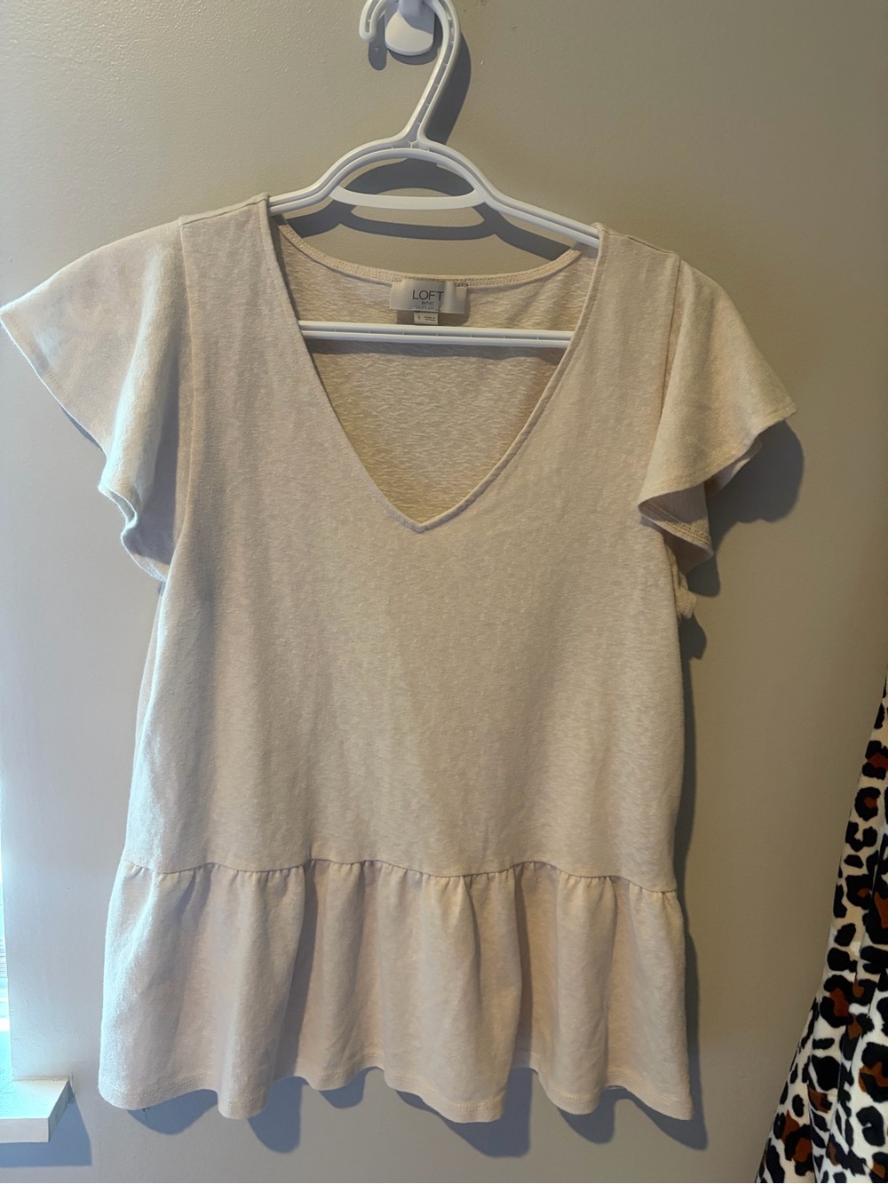 LOFT Cream V-Neck Peplum Top with Flutter Sleeves